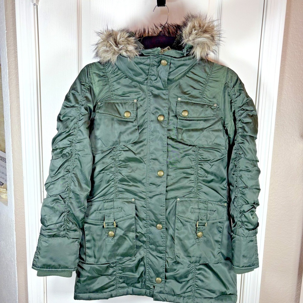 Steve Madden Women's M Dark Green Down Jacket Hood w/ Fur Hardware Buttons Pocke